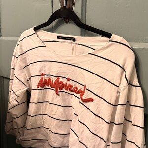 Striped White Crewneck Sweatshirt with Orange 'Inspired' Stitching